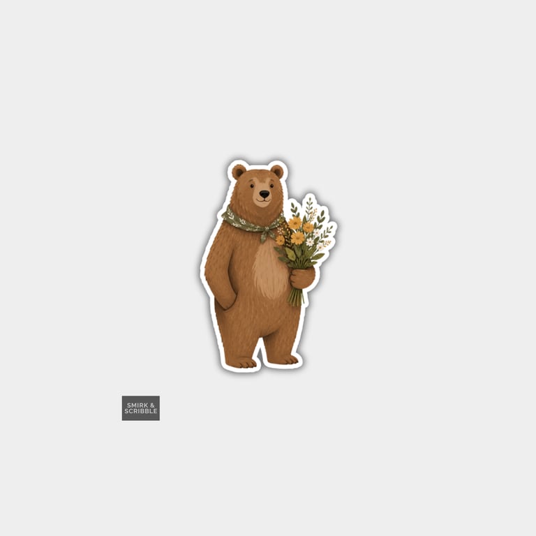 Funny Novelty Vinyl Sticker - Cute Brown Bear & Flowers 