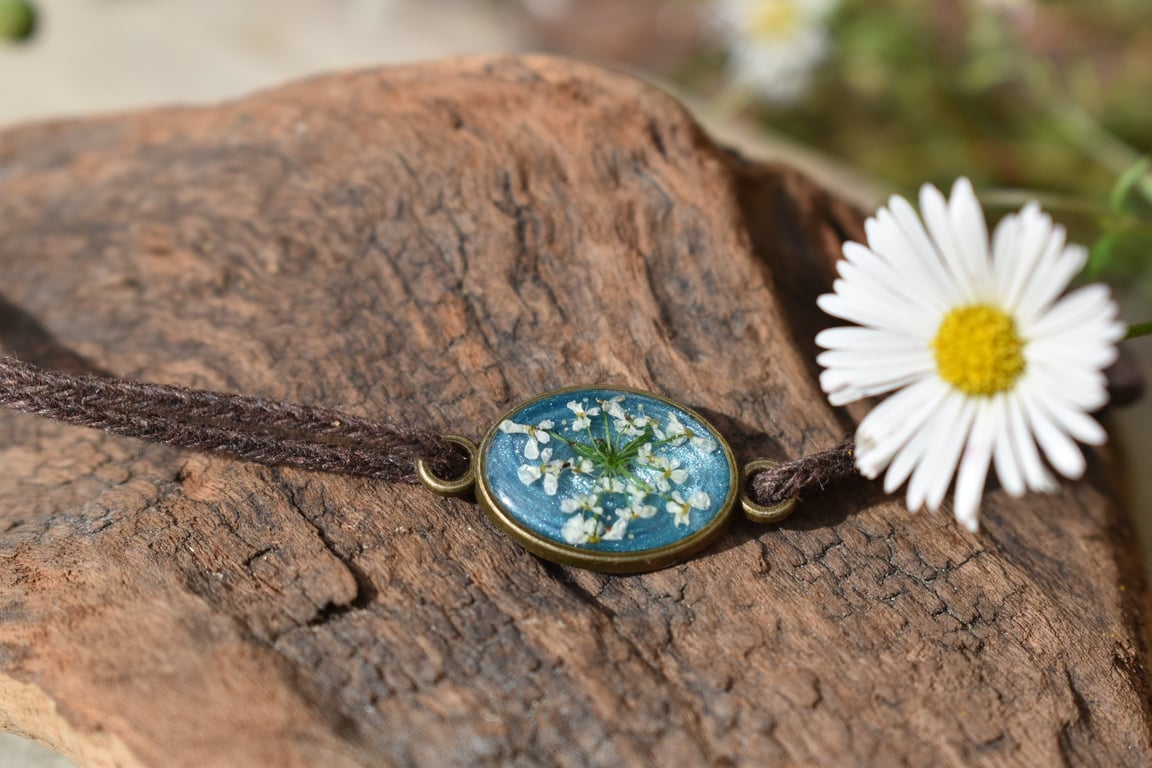 Adjustable Resin Bracelet with Real Pressed Cow Parsley Flower, Cotton Cord