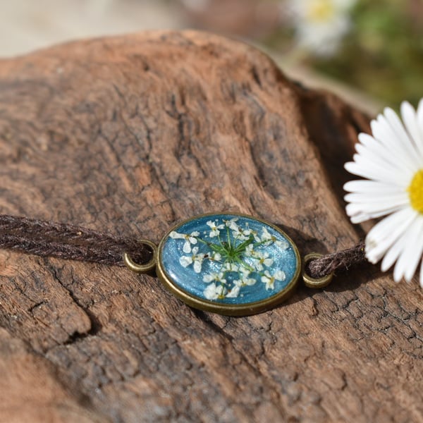 Adjustable Resin Bracelet with Real Pressed Cow Parsley Flower, Cotton Cord
