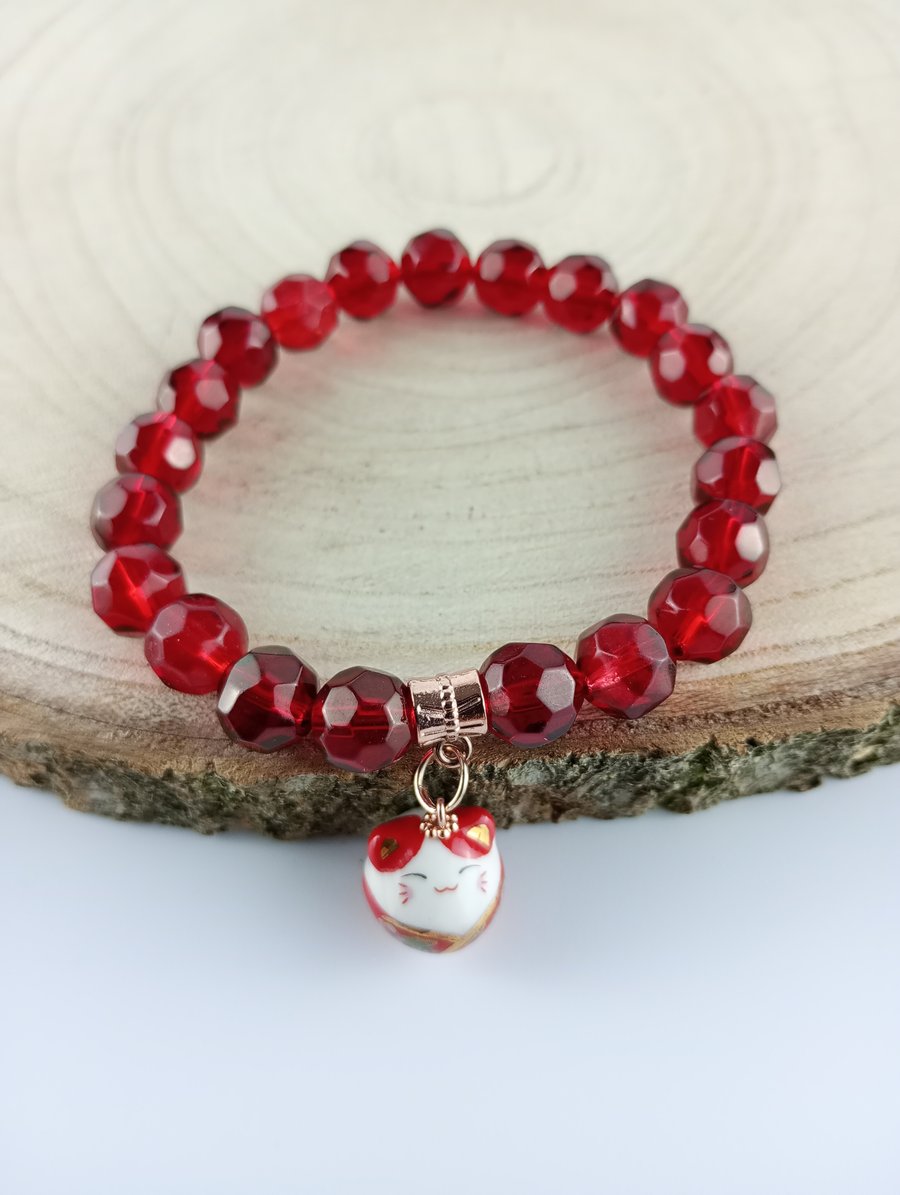 Red Bracelet - 7 inch red bracelet with ceramic lucky cat charm