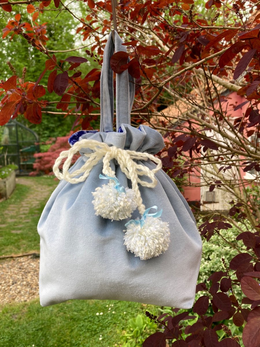 Pale Blue Velvet Drawstring Evening Bag.