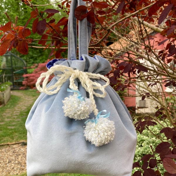 Pale Blue Velvet Drawstring Evening Bag.