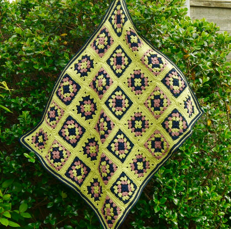 Crochet Granny Square Blanket in Navy and Lime Folksy