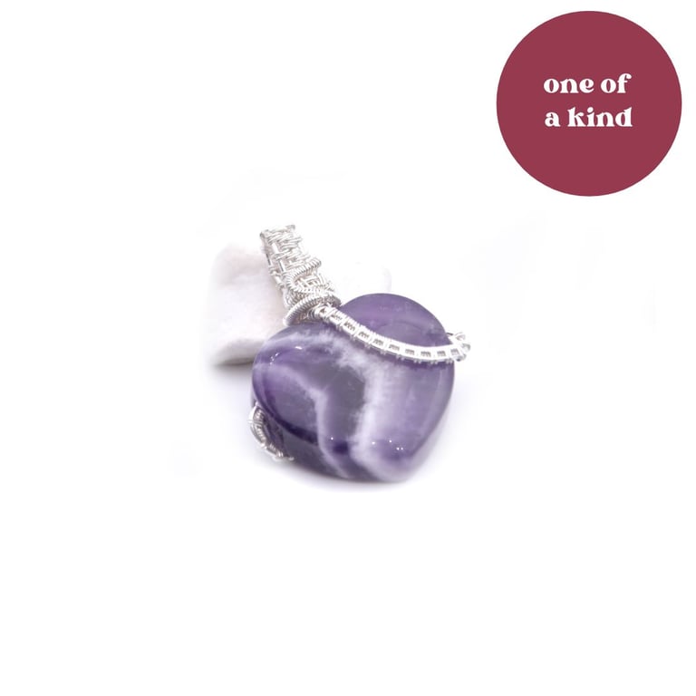 Pendant - amethyst heart, wire wrapped silver plated heart, semi precious stone