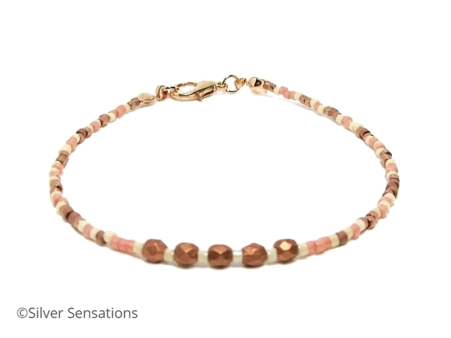 Copper & Peach Dainty Seed Bead Bracelet - Slim Friendship Bracelet 6.5" - 8.5"