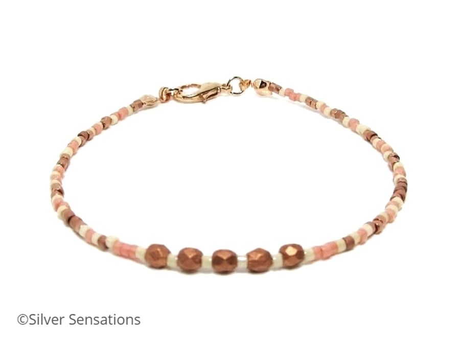 Copper & Peach Dainty Seed Beads Bracelet - Slim Friendship Bracelet 6.5" - 8.5"