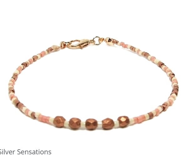 Copper & Peach Dainty Seed Bead Bracelet - Slim Friendship Bracelet 6.5" - 8.5"