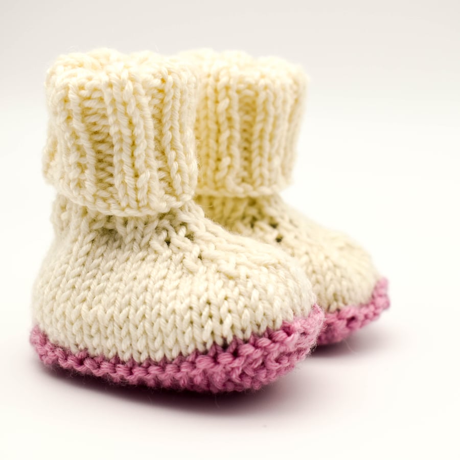 Hand Knitted Baby Booties Prem Small Baby Cream and Pink