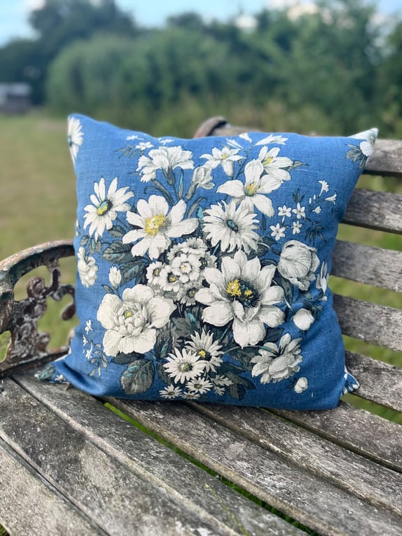 Vintage Sanderson floral linen cushion cover with blue striped back