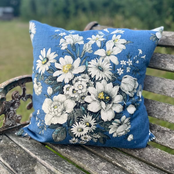 Vintage Sanderson floral linen cushion cover with blue striped back