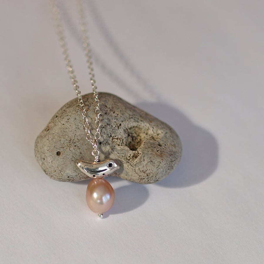 Silver Bird and Large Pink Pearl Pendant - Nature Inspired Jewellery Gifts 