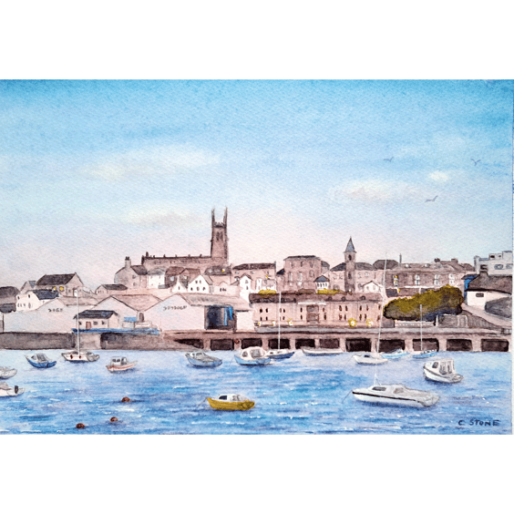 The Harbour, Penzance, Cornwall Original Watercolour Painting Mounted