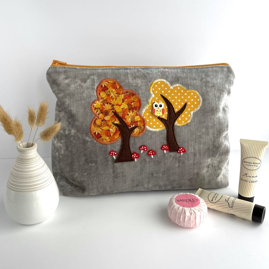 Woodland Toiletry Bag with Trees, Mushrooms and Owl