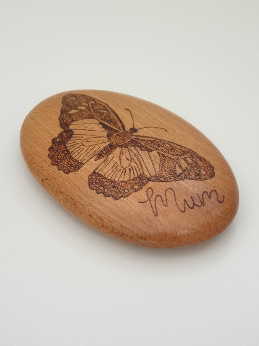 Mum butterfly gift - pyrography decorated wooden pebble ornament 