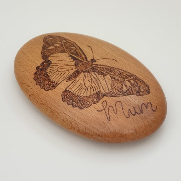 Mum butterfly gift - pyrography decorated wooden pebble ornament 