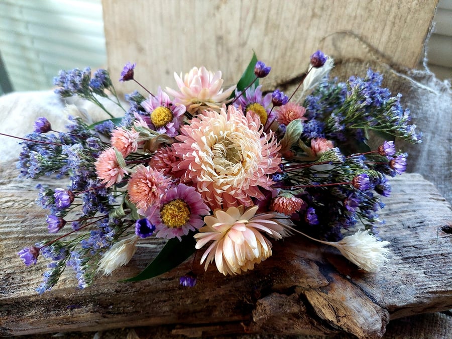 Dried Flower Corsage  Helichrysum, Lavender & Pink Gomphrena 