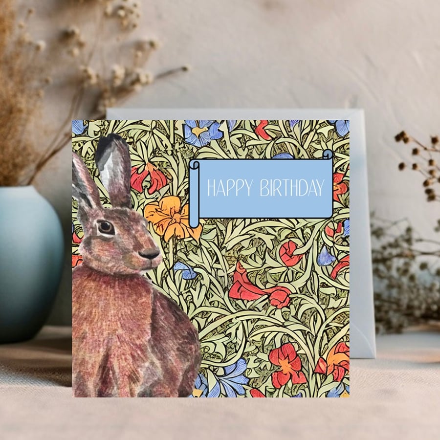 Hare - William Morris style edit text for a personalised card for any occasion 