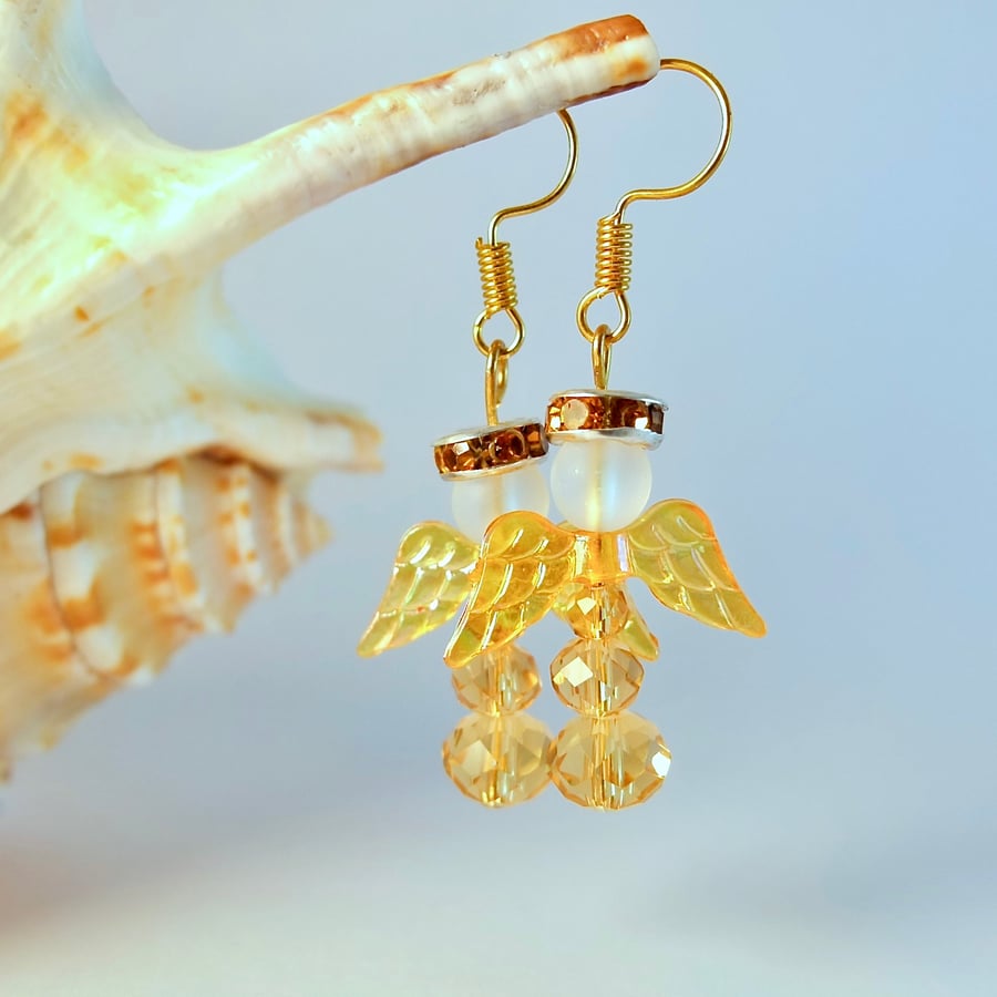 Angel Christmas Earrings, Gold Glass, Stocking Filler, Secret Santa Gift For Her