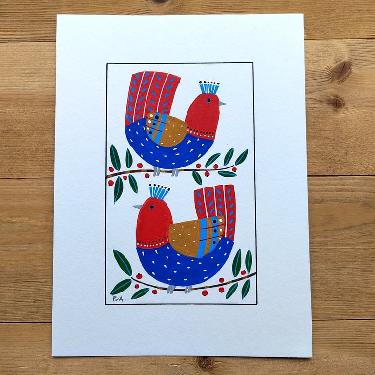 Original folk art bird painting, A5 acrylic red and blue