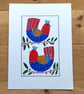Original folk art bird painting, A5 acrylic red and blue