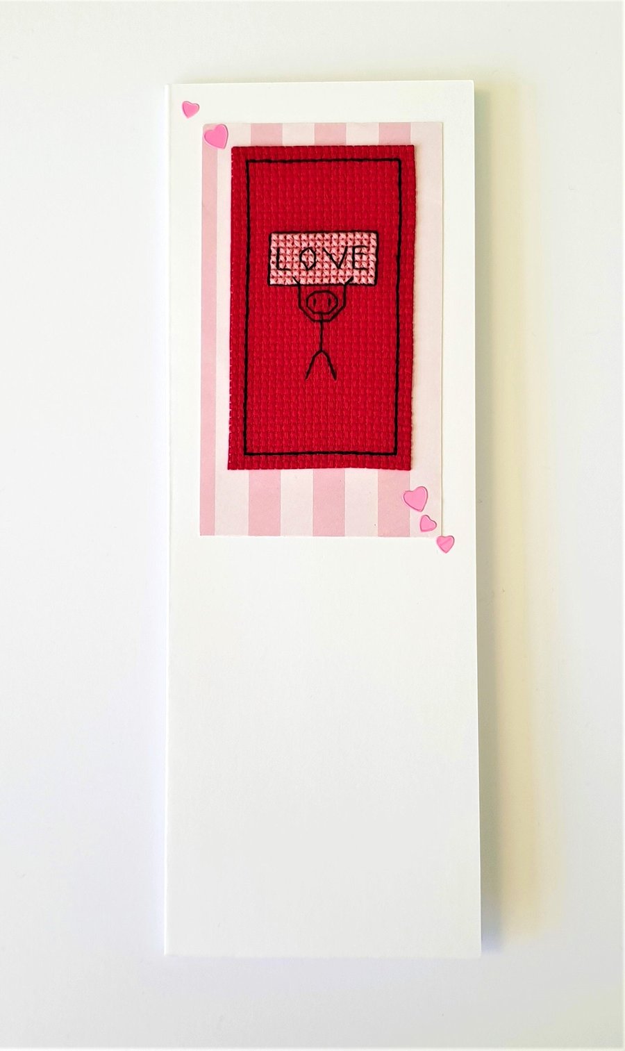 Stick man holding a Love sign cross stitch card