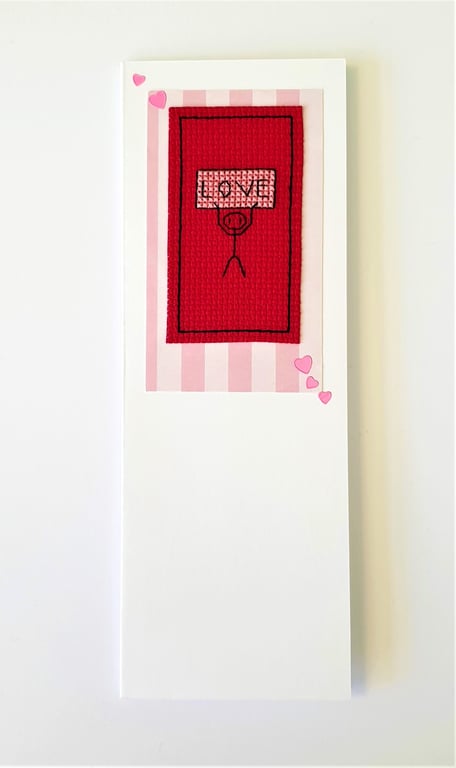 Stick man holding a Love sign cross stitch card