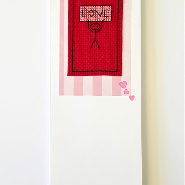 Stick man holding a Love sign cross stitch card