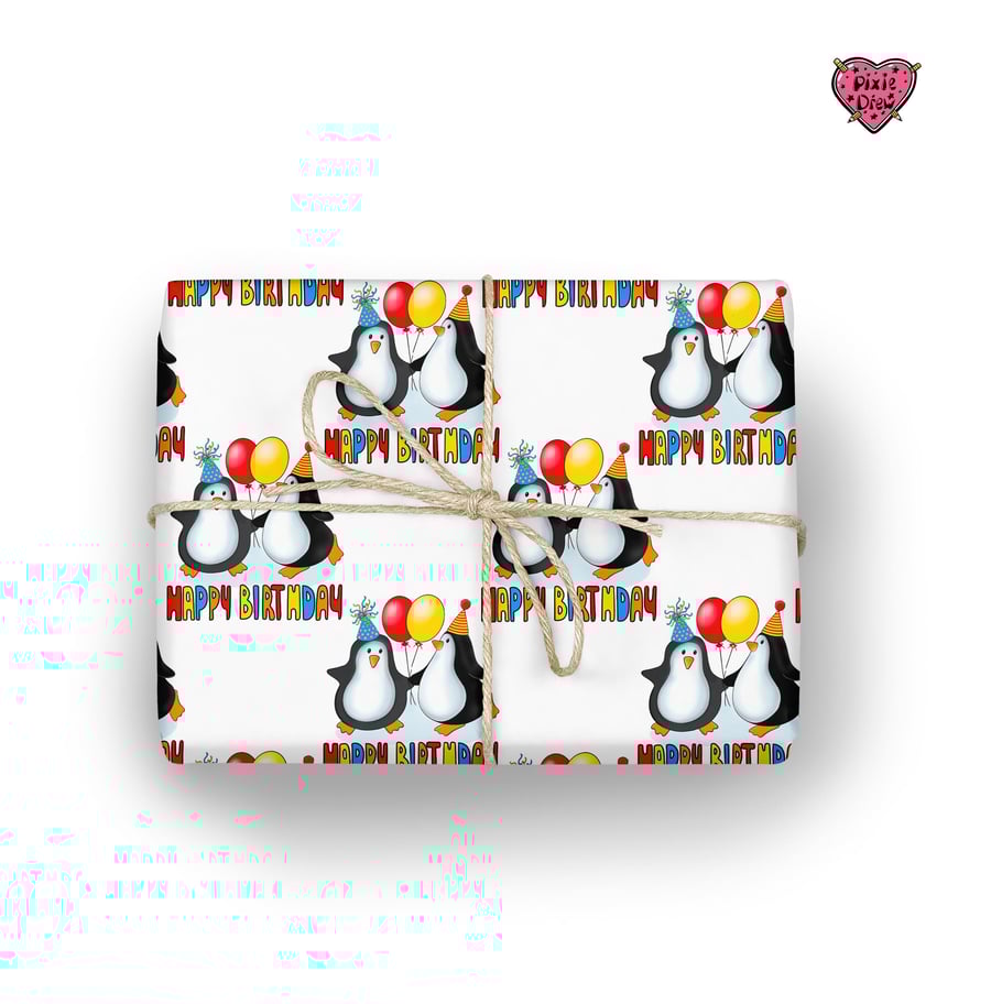 Penguin Birthday wrapping paper  with two penguins wearing party hats
