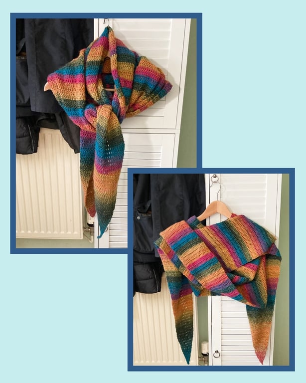 Long Striped Crocheted Shawl - Wrap - Scarf