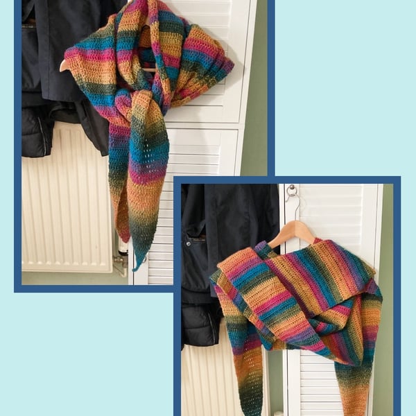 Long Striped Crocheted Shawl - Wrap - Scarf