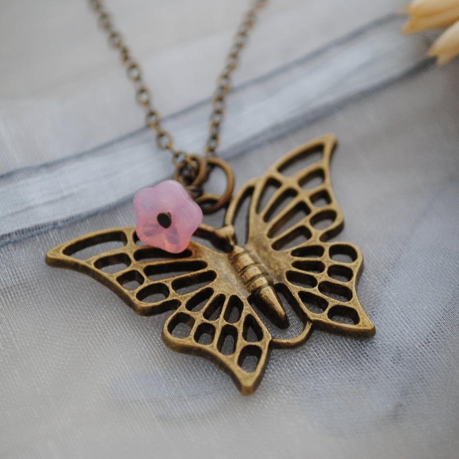 Sale-Butterfly & pink flower necklace