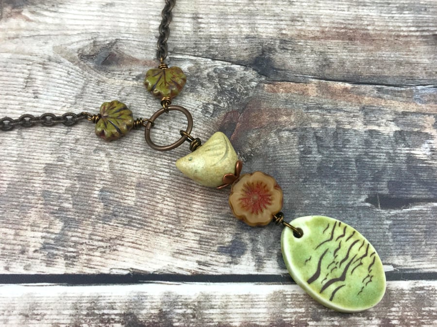 Artisan Ceramic Stacked Pendant. Unique Mixed Media Necklace. Bird Necklace