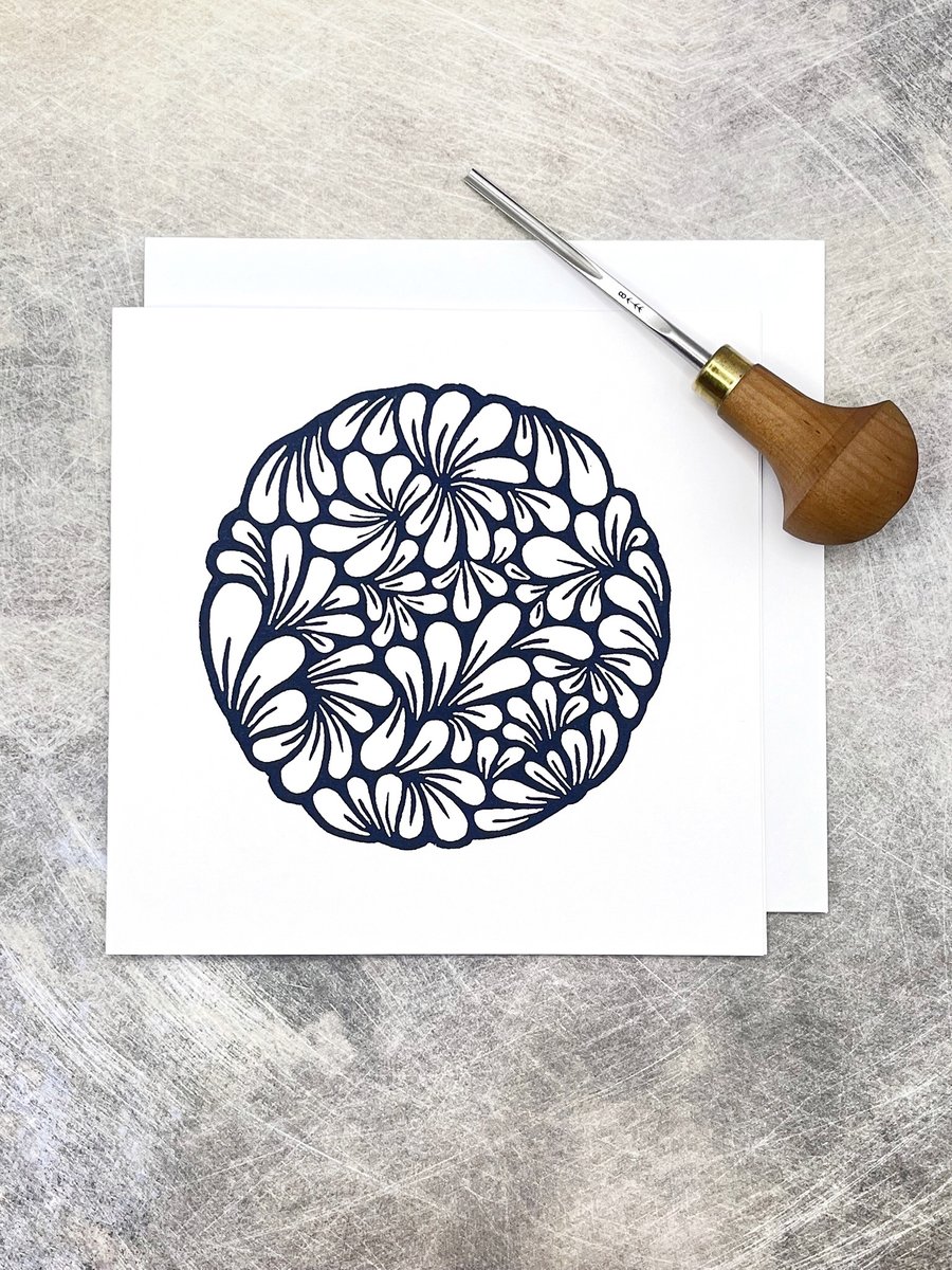 Circle of Mussel Shells Lino Print Card, Blank Inside For Your Own Message