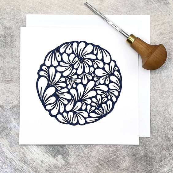 Circle of Mussel Shells Lino Print Card, Blank Inside For Your Own Message