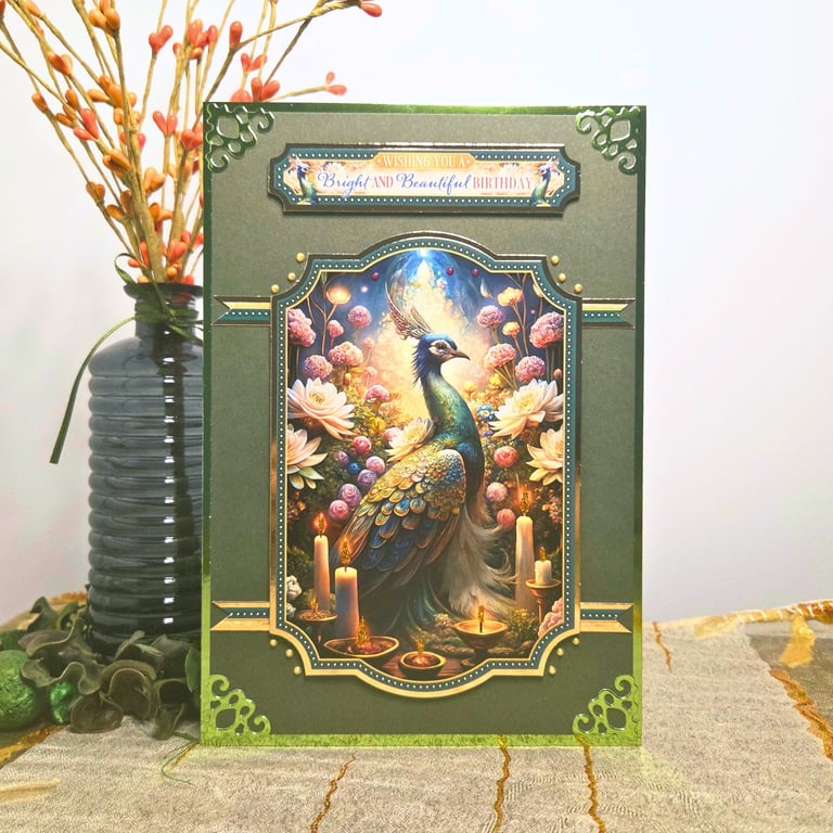 Peacock Birthday Card For Her Or Him In Green & Gold