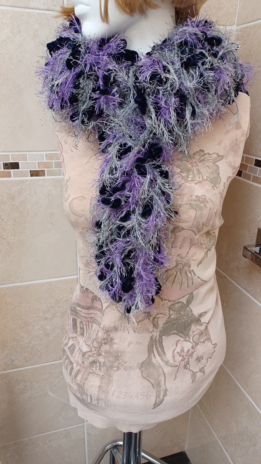 Navy And Purple Hand Woven Boa Scarf With Velvet Yarn And Grey Eyelash (R931)