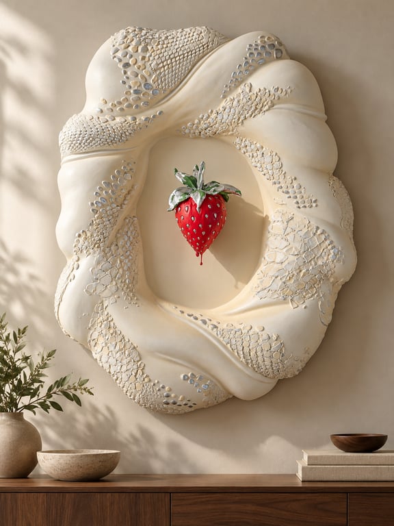 Forbidden Fruit: Plaster Strawberry Sculpture with Snake-Inspired Relief