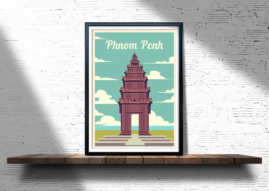 Phnom Penh retro travel poster, Phnom Penh print, Vietnam travel poster