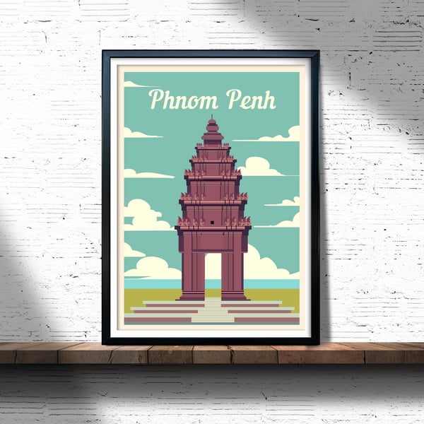 Phnom Penh retro travel poster, Phnom Penh print, Vietnam travel poster