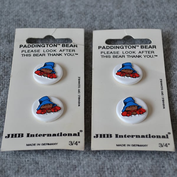 DESTASH: 4 Vintage Paddington Bear Plastic Shank Buttons on Original JHB Card