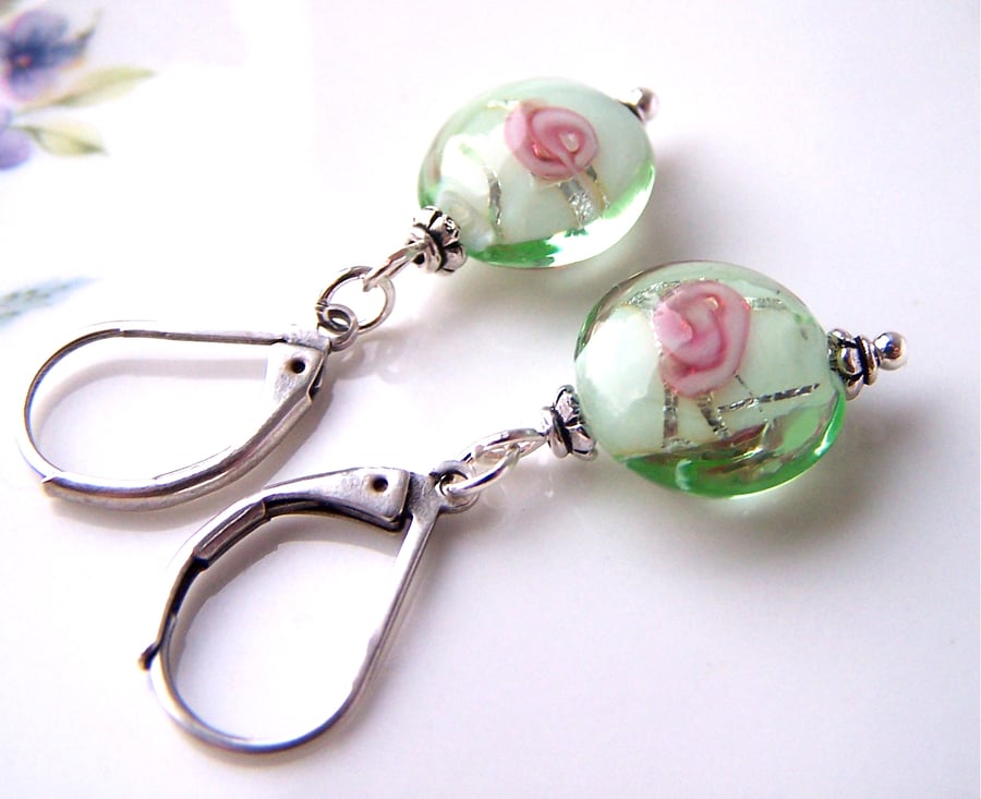 Sweet Rosebud Earrings, Green and White Rosebud Beads, Small Drop Earrings