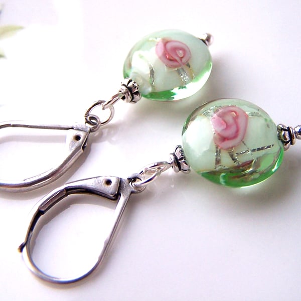 Sweet Rosebud Earrings, Green and White Rosebud Beads, Small Drop Earrings