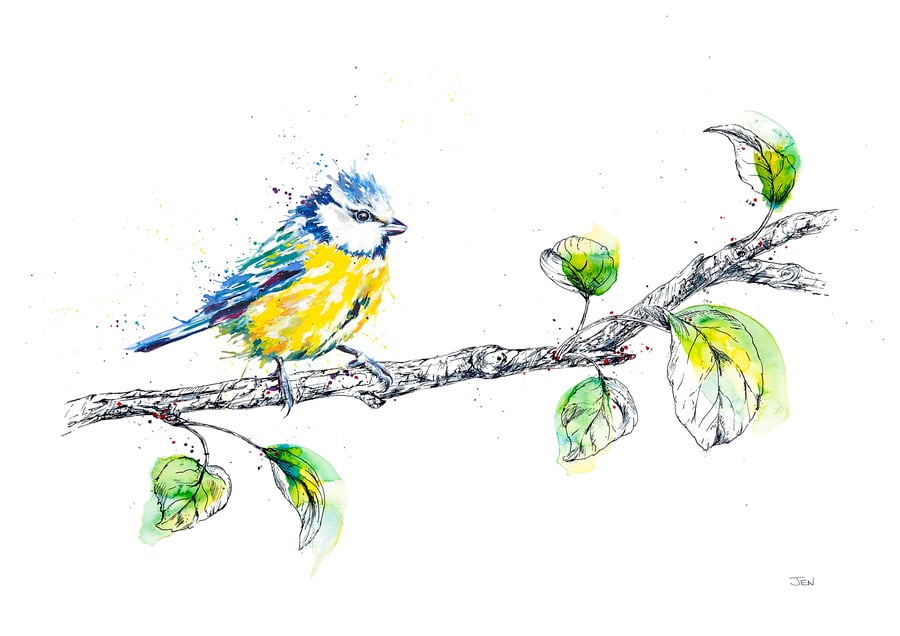 Blue Tit watercolour print, bird painting, ink drawing