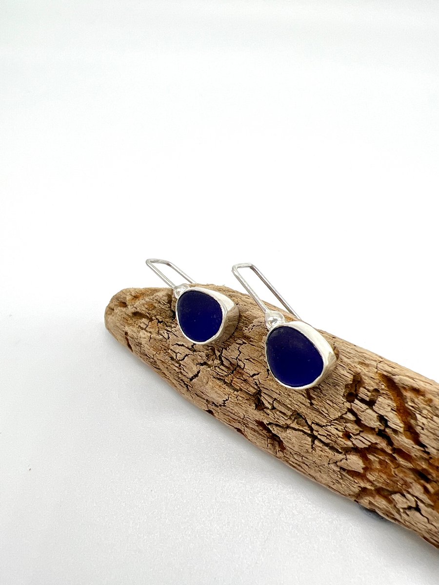 Dark Blue Sea Glass Earrings