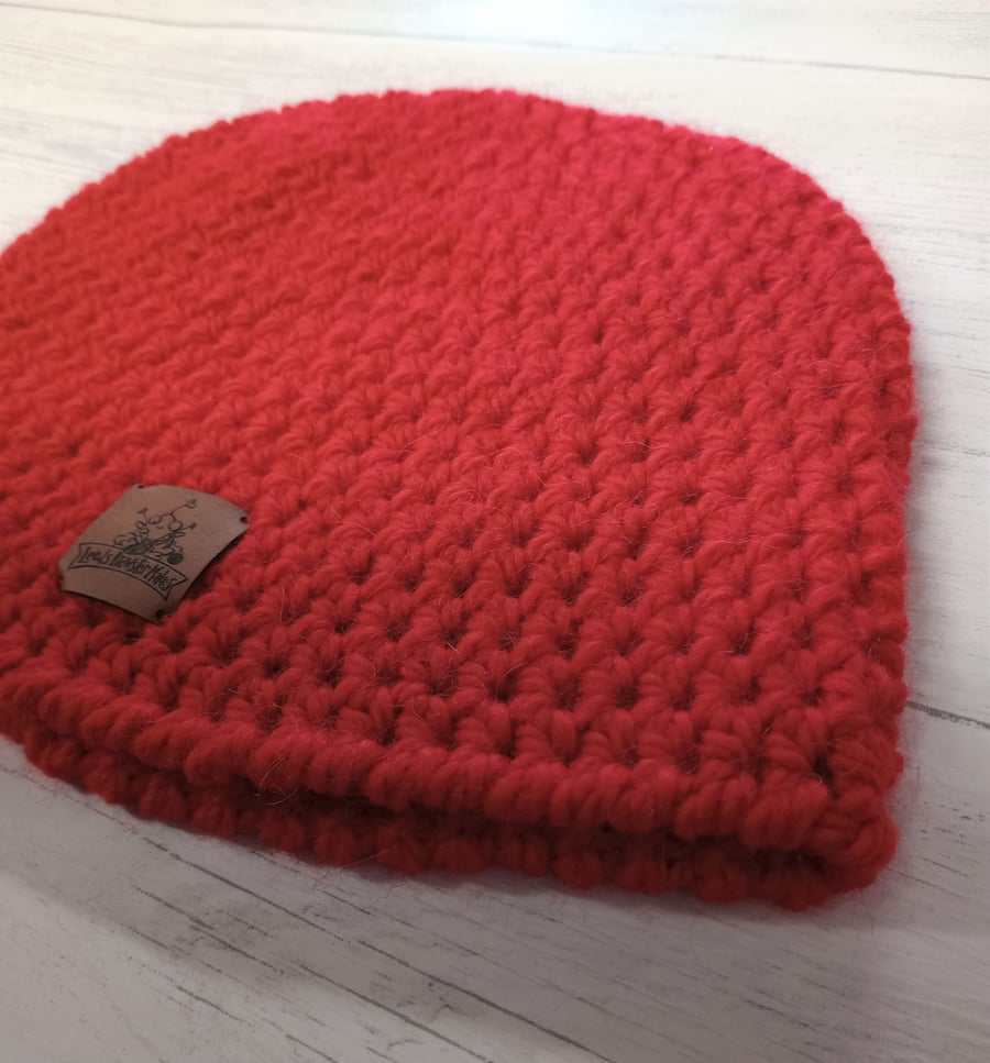 Soft Alpaca Red Beanie, crocheted winter hat, unisex