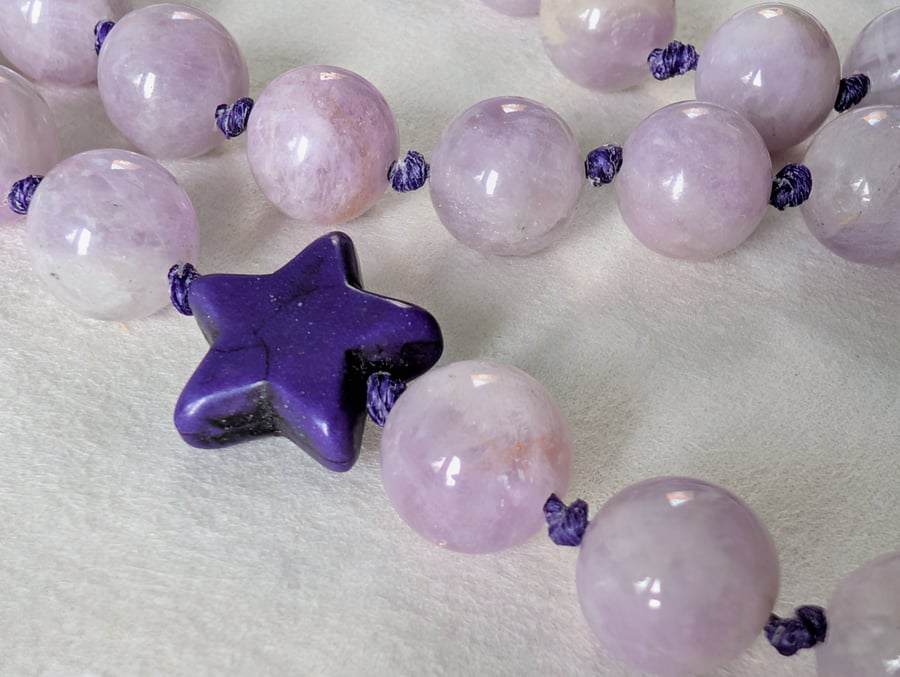 Lilac Kunzite knotted necklace with purple howlite star