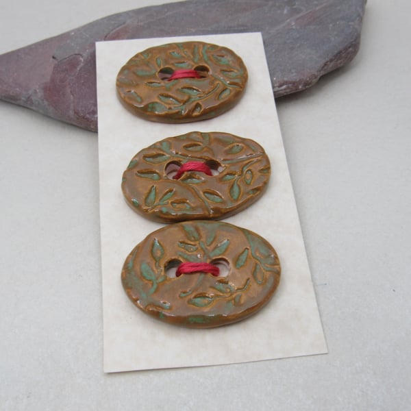 3 Medium Oval Grassland Green Brown Leaf Pattern Handmade Ceramic Buttons