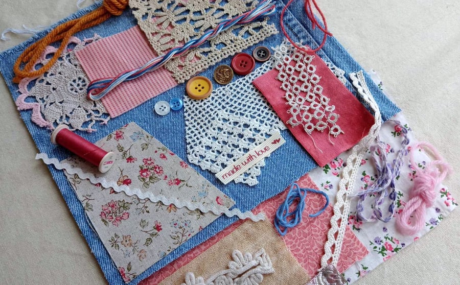 Slow Stitching starter kit - In the Pink theme with upcycled blue denim jeans