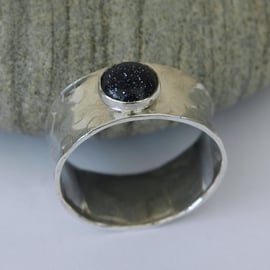 Wide Sterling Silver Man's Ring with Blue Goldstone, 'Night Sky'