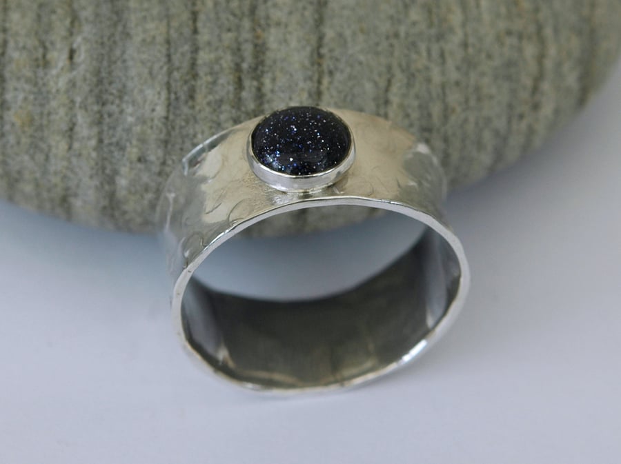 Wide Sterling Silver Man's Ring with Blue Goldstone, 'Night Sky'